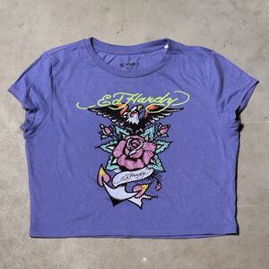 Ed Hardy Embellished Cropped Baby Tee Short Sleeve T Shirt Purple Size XL